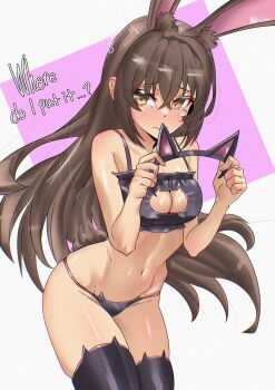 1girl absurdres animal_ears bikini black_bikini brown_eyes brown_hair cat_cutout cat_ear_bikini character_request cleavage_cutout clothing_cutout copyright_request cowboy_shot fukou highres long_hair rabbit_ears rabbit_girl solo swimsuit