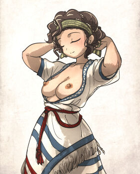 1girl breasts breasts_out brown_hair closed_eyes closed_mouth cowboy_shot dress green_headband hands_on_own_head headband highres ironlily minoan_clothes nipples original rope_belt short_hair simple_background solo white_background white_dress