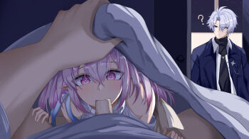 1girl 2boys ? absurdres ahoge black_sweater blue_coat blue_eyes castorice_(honkai:_star_rail) castorice_(luckin_coffee)_(honkai:_star_rail) coat commentary_request fellatio hetero highres honkai:_star_rail honkai_(series) indoors multiple_boys official_alternate_costume oral phainon_(honkai:_star_rail) phainon_(luckin_coffee)_(honkai:_star_rail) pointy_ears purple_eyes purple_hair s956448903 short_hair sweater turtleneck turtleneck_sweater under_covers white_hair white_sweater