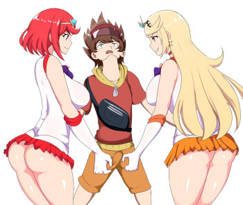 1boy 2girls femdom gloves multiple_girls mythra_(xenoblade) orange_skirt pakku_(artist) pyra_(xenoblade) red_skirt skirt smile spiked_hair squeezing_testicles testicles white_gloves xenoblade_chronicles_(series) xenoblade_chronicles_2