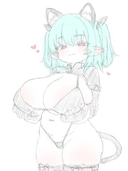 Rule 34 | animal ear legwear, animal ears, animal hands, belly, bikini, black bikini, breast lift, breasts, bright pupils, cat day, cat ear legwear, cat ears, cat girl, cat tail, colored eyelashes, gloves, green hair, groin, huge breasts, long pointy ears, oppai loli, original, paw gloves, plump, poca252, pointy ears, red eyes, short hair, shortstack, sketch, smile, swimsuit, tail, thighhighs, twintails, white pupils