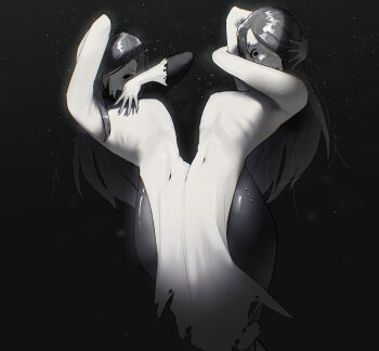 Rule 34 | 2girls, absurdres, black background, commentary request, conjoined, highres, korean commentary, long hair, looking at viewer, monster girl, multiple girls, multiple heads, original, s6rnya, shirt, siblings, thick thighs, thighs, twins, white shirt