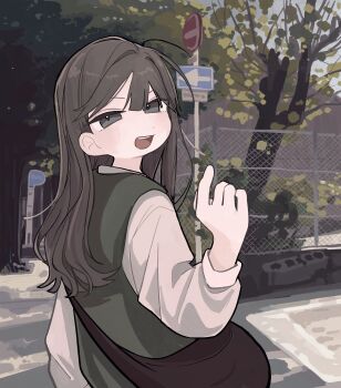 1girl absurdres bag brown_eyes brown_hair commentary day grey_vest hand_up highres long_hair long_sleeves looking_at_viewer looking_back open_mouth original outdoors road_sign shirt shoulder_bag sign solo tree upper_body vest white_shirt yunoki_itsugu