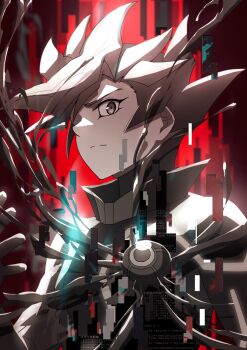 Rule 34 | 1boy, alternate form, arms at sides, artificial tentacles, atltax 00, black bodysuit, black liquid, bodysuit, border, colored bangs, dappled sunlight, extendable limbs, eyeball, facing to the side, fujiki yusaku, furrowed brow, glitch, grey bodysuit, grey hair, hair over one eye, highres, light particles, liquid, looking at viewer, looking to the side, male focus, mechanical tentacles, monochrome, monsterification, multicolored bodysuit, non-humanoid robot, one eye covered, ornate border, paint splatter, parasite, partially colored, playmaker (yu-gi-oh!), popped collar, red background, robot, spiked hair, splatter, sunlight, transformation, two-tone bodysuit, virtual reality, yellow trim, yu-gi-oh!, yu-gi-oh! vrains