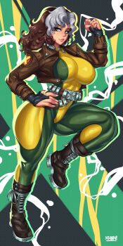 1girl abstract_background black_boots black_bridal_gauntlets bodysuit boots bridal_gauntlets brown_hair brown_jacket commentary cropped_jacket english_commentary flatillustrator_khan full_body green_bodysuit green_eyes grey_hair hand_on_own_hip highres jacket long_hair looking_at_viewer marvel marvel_rivals multicolored_bodysuit multicolored_hair open_clothes open_jacket rogue_(x-men) solo two-tone_bodysuit two-tone_hair yellow_bodysuit