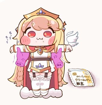 1girl 1other :3 anger_vein blush_stickers braid cape chibi closed_mouth commentary_request detached_wings disembodied_hand dress erpin_(trickcal) feathered_wings food food_on_face garter_straps grey_background hanomido long_hair red_cape shoes simple_background sleeveless sleeveless_dress solo_focus sparkling_eyes thighhighs translation_request trembling trickcal twin_braids very_long_hair white_dress white_shoes white_thighhighs white_wings wings