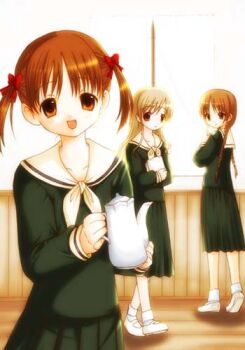 00s 3girls :d blonde_hair braid brown_eyes brown_hair coffee_pot everyone fukuzawa_yumi green_shirt green_skirt hair_ribbon holding indoors long_sleeves lowres maria-sama_ga_miteru mary_janes multiple_girls neckerchief open_mouth pleated_skirt ribbon sailor_collar school_uniform shimazu_yoshino shirt shoes short_hair single_braid skirt smile socks toudou_shimako two_side_up white_legwear white_neckerchief window wooden_floor
