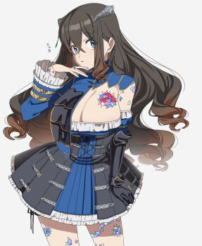 Rule 34 | 1girl, absurdres, alternate breast size (larger), alternate hair length, alternate hairstyle, black gloves, bloodstained: ritual of the night, bloodstained (series), blue eyes, breast tattoo, breasts, brown hair, chomodesuyo, crossed bangs, detached sleeves, gloves, gradient hair, hair between eyes, hair ornament, highres, large breasts, leg tattoo, looking at viewer, miriam (bloodstained), multicolored hair, simple background, solo, tattoo, two-tone hair, white background