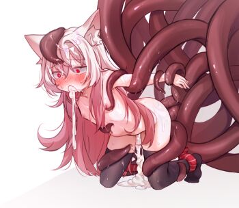 1girl all_the_way_through anal animal_ear_fluff animal_ears black_thighhighs blush breasts crying cum double_penetration ejaculation fox_ears fox_girl full_body grabbing_another&#039;s_arm gradient_hair kneeling large_insertion loli long_hair multicolored_hair navel nude original pink_hair rape red_eyes restrained simple_background slimy small_breasts sosayzybongzy stomach_bulge tears tentacle_sex tentacles thigh_grab thighhighs vomit vomiting_cum white_background white_hair