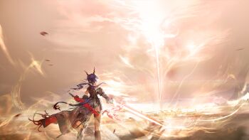 Rule 34 | 1girl, arknights, bare shoulders, blue hair, building, ch'en (arknights), ch'en the dawnstreak (arknights), dragon tail, eastern dragon tail, energy weapon, facing away, feet out of frame, floating, floating hair, floating object, game cg, highres, holding, holding sword, holding weapon, horns, official art, originium arts (arknights), sheath, solo, sword, tail, third-party source, waist cape, weapon, wide shot