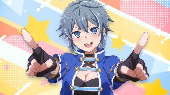 1girl :d anime_coloring ardee_varma bad_tag black_choker black_gloves blue_eyes blue_jacket breasts choker cleavage colorful_background criss-cross_halter danmachi_battle_chronicle dungeon_ni_deai_wo_motomeru_no_wa_machigatteiru_darou_ka fingerless_gloves game_cg gloves grey_hair hair_between_eyes halterneck hands_up highres jacket light_blush looking_at_viewer medium_breasts non-web_source official_art open_clothes open_jacket open_mouth pointing pointing_at_viewer short_hair sidelocks smile solo star_(symbol) star_symbol_background