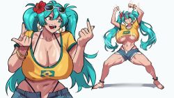 1girl animated anklet aqua_eyes aqua_hair bikini blue_eyes blue_hair bouncing_breasts bracelet brazilian_flag brazilian_flag_print brazilian_miku breasts closed_eyes collarbone cropped_shirt curvy cutoffs dancing denim denim_shorts earrings flag_print flower full_body geulimykun_(skbyunea413) grin hair_flower hair_ornament hatsune_miku highleg highleg_bikini hoop_earrings huge_breasts jewelry long_hair looking_at_viewer looping_animation low_neckline meme motion_lines multiple_views navel open_fly open_mouth shiny_skin shirt short_shorts shorts smile sunglasses sunglasses_on_head swimsuit tan tanline thick_thighs thighs twintails underboob upper_body video vocaloid white_background wide_hips yellow_shirt