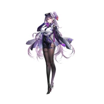 1girl absurdres ankle_strap artist_request belt black_skirt bodystocking breasts collared_shirt covered_navel diagonal-striped_clothes diagonal-striped_necktie diamond_hair_ornament earrings eyewear_on_head full_body gloves hair_between_eyes hand_on_own_chest high_heels highres jewelry kirima_ruka large_breasts long_hair looking_at_viewer loose_necktie multicolored_eyes necktie official_art poker_fate purple_eyes purple_gloves purple_hair purple_necktie red_eyes see-through_bodystocking shirt skindentation skirt solo striped_clothes sunglasses taut_clothes taut_skirt thigh_belt thigh_strap thighband_bodystocking transparent_background very_long_hair