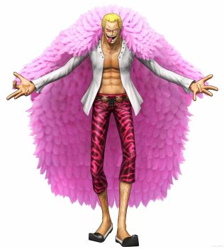 1boy 3d abs bandai_namco blonde_hair capri_pants coat donquixote_doflamingo evil_smile feather_coat full_body grin hand_in_pocket looking_at_viewer muscular official_art one_piece one_piece:_pirate_warriors_3 open_clothes open_vest pants pectorals pink_coat shirt short_hair smile standing sunglasses tinted_eyewear title vest walking white-framed_eyewear white_background