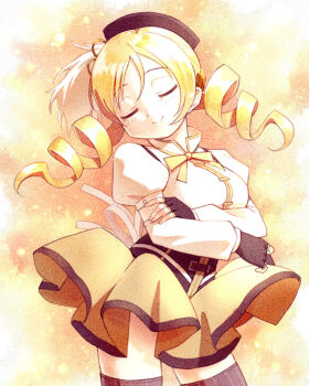 1girl beret blonde_hair breasts closed_eyes commentary_request corset crossed_arms detached_sleeves drill_hair fingerless_gloves genny gloves hat mahou_shoujo_madoka_magica mahou_shoujo_madoka_magica_(anime) pleated_skirt puffy_short_sleeves puffy_sleeves ringlets shirt short_sleeves skirt smile tomoe_mami tomoe_mami_(magical_girl) white_shirt