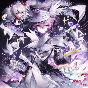 Rule 34 | 2girls, absurdres, chibi, chibi inset, closed mouth, coat, cowboy shot, crossed bangs, dated, expressionless, eyelashes, feathered wings, fingerless gloves, fingernails, gem, gloves, hair between eyes, hat, highres, looking at viewer, multiple girls, original, purple gem, red eyes, short hair, sidelocks, square, standing, star (symbol), too many watermarks, watermark, white wings, winged hat, wings, xingchunxiang, yellow eyes, yellow gloves