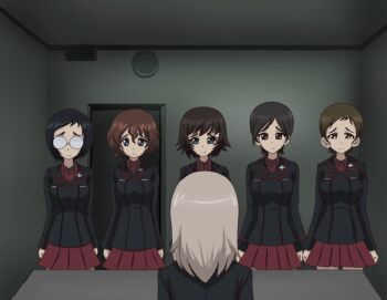 Rule 34 | 6+girls, akaboshi koume, black hair, black jacket, blue eyes, breasts, brown eyes, brown hair, bunker, cross, curly hair, der untergang, from behind, girls und panzer, glasses, grey hair, hat, hida ema, indoors, iron cross, iruma anna, itsumi erika, jacket, kagetora panzer, katsuya megu, kojima emi, kuromorimine military uniform, long hair, miniskirt, multiple girls, parody, pleated skirt, pointy hair, red shirt, red skirt, round eyewear, sad, scene reference, shirt, short hair, skirt, table, unworn hat, unworn headwear, very short hair