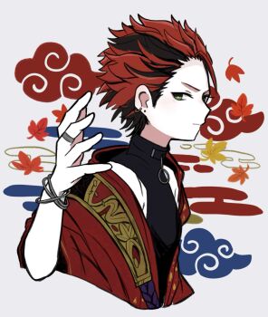 1boy black_hair bracelet bright_pupils closed_mouth cloud commentary cropped_torso ensemble_stars! green_eyes grey_background hand_up highres jewelry kiryu_kuro layered_clothes leaf male_focus mani_(pukakaka09) multicolored_hair official_alternate_costume onkochishin_(ensemble_stars!) red_hair ring short_hair sideways_glance simple_background smile solo streaked_hair symbol-only_commentary two-tone_hair white_pupils