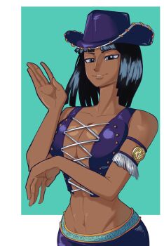Rule 34 | 1girl, aqua background, armlet, black hair, border, breasts, cleavage, commentary, cowboy hat, crop top, cross-laced clothes, cross-laced top, hat, highres, jewelry, medium hair, midriff, navel, nico robin, one piece, purple hat, purple skirt, qquanchi, skirt, smile, solo, white border