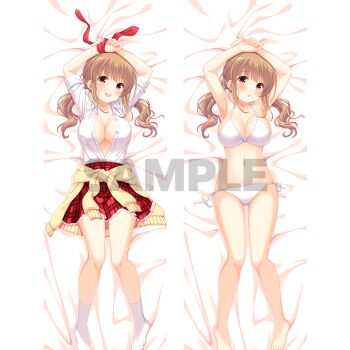 1girl :o armpits arms_up barefoot bikini blush breasts brown_hair cleavage clothes_around_waist dakimakura_(medium) full_body girlfriend_(kari) large_breasts long_hair looking_at_viewer multiple_views navel necktie official_art open_clothes open_shirt partially_unbuttoned plaid_clothes plaid_skirt red_eyes red_necktie red_skirt sakaida_natsumi sample_watermark second-party_source shirt side-tie_bikini_bottom skirt small_sweatdrop smile socks sweater sweater_around_waist swimsuit twintails unworn_necktie watermark white_bikini white_shirt white_socks yellow_sweater