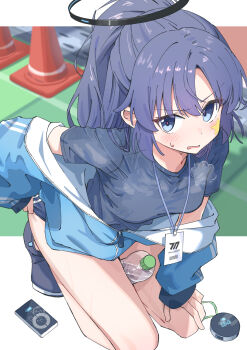 1girl absurdres between_thighs black_halo blue_archive blue_buruma blue_eyes blue_jacket blue_shoes blush bottle bottle_between_thighs breasts buruma commentary full_body halo highres id_card jacket lanyard long_hair long_sleeves looking_at_viewer mechanical_halo medium_breasts millennium_science_school_logo off_shoulder open_clothes open_jacket open_mouth parted_bangs ponytail purple_hair shinshin_(ssnsn_oekaki) shoes short_sleeves solo squatting sweatdrop yuuka_(blue_archive) yuuka_(track)_(blue_archive)