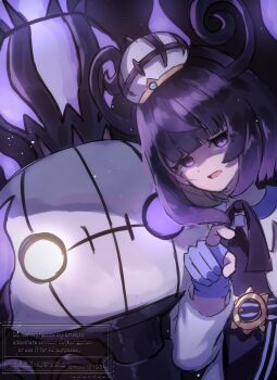 1girl black_dress blunt_bangs chandelure coat dress gen_5_pokemon gloves gwynn_(pokemon) long_sleeves looking_at_viewer nintendo open_mouth partially_fingerless_gloves pokemon pokemon_(creature) pokemon_legends:_z-a purple_eyes purple_gloves purple_hair short_hair thealla1024 upper_body white_coat