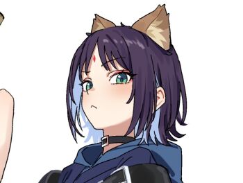 Rule 34 | 1girl, animal ears, black choker, blue hair, blue kimono, cho kaguya-hime!, choker, closed mouth, colored inner hair, facial mark, forehead mark, fox ears, fox girl, frown, green eyes, japanese clothes, kimono, looking at viewer, medium hair, multicolored hair, portrait, purple hair, raised eyebrow, sakayori iroha, shino 12a, simple background, solo, white background