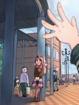 animal_ears bear_ears bear_girl belt bergman's_bear_(kemono_friends) blue_eyes blue_sky boots brown_hair commentary_request extra_ears highres kemono_friends long_hair mcgunngu multiple_boys multiple_girls pantyhose ponytail ribbon scarf shirt skirt sky