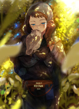 1boy animal_on_arm archived_source belt belt_pouch bird bird_on_arm blue_eyes blue_robe blurry blurry_background brown_belt brown_gloves brown_hair character_name cloak copyright_name dappled_sunlight dated eli_clark facial_mark facing_viewer gloves half-closed_eyes highres hood hood_up hooded_cloak identity_v leaf light_particles light_smile looking_to_the_side male_focus no_blindfold nu_hanken owl plant pouch robe short_hair smile solo sunlight upper_body