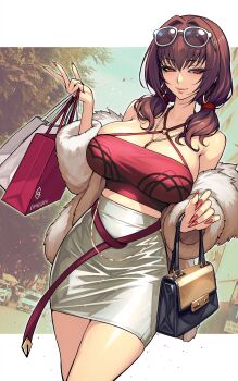 1girl absurdres alternate_costume bag bare_shoulders breasts closed_mouth dynamitenatalia earrings eyewear_on_head fate/grand_order fate_(series) fingernails highres jewelry large_breasts long_hair long_sleeves looking_at_viewer medium_hair nail_polish off_shoulder outdoors purple_hair red_bag red_eyes red_nails scathach_(fate) sharp_fingernails skirt smile solo sunglasses thighs white_bag white_skirt