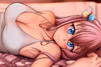 1girl blue_eyes blush bocchi_the_rock! breasts cleavage closed_mouth collarbone commentary crossed_bangs cube_hair_ornament dilan_griz english_commentary gotoh_hitori hair_between_eyes hair_ornament highres large_breasts long_hair looking_at_viewer lying on_back one_side_up pink_hair solo tank_top upper_body white_tank_top