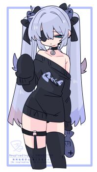 1boy asymmetrical_legwear bags_under_eyes bare_shoulders black_bow black_choker black_panties black_sweater black_thighhighs blue_eyes blue_hair bow bulge choker collarbone colored_tips commentary cowboy_shot crossdressing crossdressing_(mtf) earclip eyepatch fish_skeleton fish_skeleton_print flipped_hair frown furrowed_brow hair_between_eyes hair_bow hair_intakes hand_up highres holding holding_stuffed_toy long_hair long_sleeves looking_at_viewer male_focus multicolored_hair narrowed_eyes no_nose no_pants off_shoulder one_eye_covered op_na_yarou original oversized_clothes panties panty_peek print_sweater quad_tails red_hair rigel_(op_na_yarou) sidelocks simple_background sleeves_past_fingers sleeves_past_wrists solo standing straight_hair stuffed_toy sweater thigh_strap thighhighs thighs trap underwear uneven_legwear very_long_hair watermark white_background white_hair