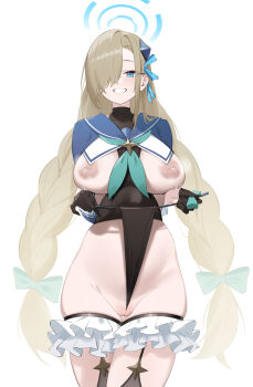 1girl absurdres asuna_(blue_archive) between_breasts black_leotard black_thighhighs blonde_hair blue_archive blue_eyes blue_halo blue_sailor_collar blue_shrug blush braid breasts breasts_out cleft_of_venus clothes_between_breasts cosplay dongye1551 frilled_thigh_strap frontal_wedgie green_neckerchief grin groin hair_ornament hair_over_one_eye hair_ribbon halo heattech_leotard highleg highleg_leotard highres holding holding_riding_crop inverted_nipples lactation leotard leotard_pull long_hair looking_at_viewer neckerchief pubic_hair pussy ribbon riding_crop sailor_collar self_wedgie shimiko_(blue_archive) shimiko_(blue_archive)_(cosplay) shimiko_(magical)_(blue_archive) shrug_(clothing) smile solo sparse_pubic_hair thigh_strap thighhighs thighs turtleneck twin_braids very_long_hair wedgie