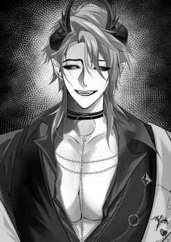 1boy azq0th black_eyes choker demon_boy ear_piercing evil_smile first_stage_production greyscale highres horns jacket monochrome open_clothes open_mouth piercing pointy_ears smile solo_focus zander_netherbrand