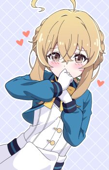 1girl ahoge aviary blonde_hair blue_jacket blush brown_eyes brown_hair commentary crossed_bangs dress gloves grid_background hair_between_eyes heart highres huge_ahoge jacket long_hair long_sleeves looking_at_viewer monica_everett puffy_long_sleeves puffy_sleeves silent_witch solo white_dress white_gloves