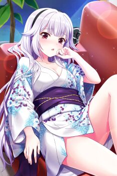 Rule 34 | 1girl, absurdres, alternative girls, black hairband, blush, breasts, cleavage, collarbone, commentary request, couch, floral print, floral print kimono, grey hair, hairband, hand up, highres, japanese clothes, kimono, knee up, lens flare, long hair, long sleeves, looking at viewer, medium breasts, obi, official art, on couch, open mouth, plant, potted plant, print kimono, purple sash, reclining, red eyes, sash, second-party source, solo, sparkle, thighs, usui miyuki, very long hair, white kimono, yukata
