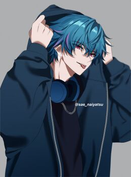Rule 34 | 1boy, black jacket, black shirt, blue hair, brant (wuthering waves), chain, chain necklace, commentary, earrings, grey background, hair between eyes, headphones, headphones around neck, highres, hood, hooded jacket, jacket, jewelry, looking at viewer, male focus, multicolored hair, necklace, pink eyes, sae naiyatsu, shirt, short hair, simple background, smile, solo, streaked hair, symbol-only commentary, tongue, tongue out, twitter username, upper body, wuthering waves