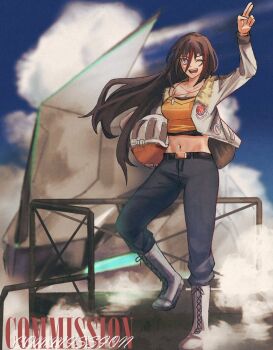 1girl black_hair black_pants bomber_jacket boots breasts commentary commission crop_top dog_tags eiyuu_densetsu emilia_harling english_commentary english_text ezekquel floating_hair floating_jacket fur_trim helmet holding holding_unworn_helmet jacket kai_no_kiseki kuro_no_kiseki_(series) large_breasts long_hair looking_at_viewer midriff multicolored_hair navel one_eye_closed open_clothes open_jacket outdoors pants purple_eyes red_hair salute smile solo streaked_hair two-finger_salute two-tone_hair unworn_headwear unworn_helmet white_boots