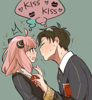 1boy 1girl ^^^ aged_up alex_(sandora) antenna_hair anya_(spy_x_family) black_hair black_jacket bow bowtie breasts buttons closed_eyes commentary_request couple damian_desmond eden_academy_school_uniform embarrassed grey_background hairpods hetero highres imminent_kiss jacket long_sleeves looking_at_another nervous_sweating pink_hair puckered_lips red_bow red_bowtie school_uniform shared_thought_bubble short_hair simple_background small_breasts sparkle speech_bubble spy_x_family surprised sweat thought_bubble upper_body