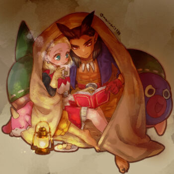 1boy 1girl aqua_eyes barefoot belt black_nails blonde_hair book brown_hair closed_mouth commentary_request cookie cup dark-skinned_male dark_skin dragon_quest dragon_quest_builders_2 dress earrings female_builder_(dqb2) food fringe_trim gloves grey_background hair_horns hair_pulled_back high-waist_pants holding holding_cup hoop_earrings jewelry lantern marisuke_(marippe) mug muscular muscular_male necklace open_book open_clothes open_shirt orange_pants pants pointy_ears purple_shirt reading reading_together red_belt red_eyes red_gloves shared_blanket shirt sidoh_(dqb2) silver_earrings sitting skull_belt slime_(dragon_quest) smile steam stuffed_animal stuffed_rabbit stuffed_toy tooth_necklace twitter_username yellow_gloves