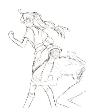 !? 1boy 1girl ass bare_legs between_buttocks blush breasts embarrassed face_in_ass hair_ornament highres ikari_shinji long_hair looking_at_another looking_back monochrome neon_genesis_evangelion open_mouth school_uniform simple_background skirt souryuu_asuka_langley standing surprised suspender_skirt suspenders sweat tokyo-3_middle_school_uniform two_side_up under_skirt unihotate0329 very_long_hair