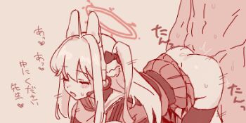 1boy 1girl all_fours animal_ear_headphones animal_ears ass bent_over blue_archive blush bow closed_eyes clothed_sex clothes_lift cowboy_shot doggystyle fake_animal_ears hair_bow halo head_out_of_frame headphones hetero long_hair lowres maibotsumou miyako_(blue_archive) monochrome no_panties oekaki one_side_up open_mouth rabbit_ear_headphones rabbit_ears red_theme school_uniform sensei_(blue_archive) serafuku sex sex_from_behind sidelocks simple_background skirt skirt_lift standing sweat thighhighs translation_request