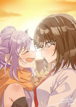 2girls artist_name assassin blonde_hair blush breasts brown_eyes brown_hair closed_eyes glasses hair_ornament highres japanese_clothes kimono koga_konoha kusagakure_satoko long_scarf looking_at_another multicolored_hair multiple_girls necktie nervous_sweating ninja ninja_to_koroshiya_no_futarigurashi open_mouth orange_scarf profile purple_hair purple_kimono red_necktie scarf shirt shuriken_hair_ornament side_ponytail sleeveless sleeveless_kimono smile sunset sweat two-tone_hair white_shirt yoruneko_(liampadolina) yuri