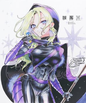 1girl animification batman_(series) black_bodysuit black_cape black_gloves blonde_hair blue_eyes bodysuit cape commentary covered_abs cowboy_shot dc_comics gloves hashtag-only_commentary highres holding holding_juice_box holding_staff hood hood_up hooded_bodysuit juice_box long_hair looking_at_viewer multicolored_bodysuit purple_bodysuit purple_cape qr_code sample_watermark solo sparkle spoiler_(dc) staff stephanie_brown sunao_saito superhero_costume sweatdrop symbol-only_commentary toned toned_female two-sided_cape two-sided_fabric two-tone_bodysuit watermark white_background