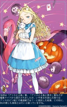 1girl alice_anotherbible animal apron bird blonde_hair blue_dress blue_eyes dress flamingo haimura_kiyotaka highres looking_at_viewer official_art one_eye_closed pantyhose smile solo standing toaru_majutsu_no_index toaru_majutsu_no_index:_genesis_testament