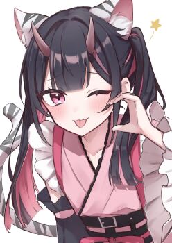 Rule 34 | 1boy, animal ears, blush, cho kaguya-hime!, commentary request, crossdressing, crossdressing (mtf), detached sleeves, enunu 7e, hand up, highres, horns, komazawa noi, long sleeves, looking at viewer, male focus, multicolored hair, one eye closed, solo, star (symbol), tail, tongue, twintails, white background