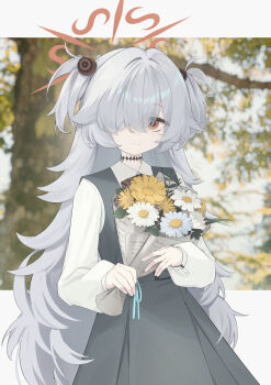 1girl absurdres black_choker black_dress blue_archive blue_ribbon bouquet brown_eyes brown_halo brown_ribbon choker ciza_gomi collared_shirt commentary_request daisy_(flower) diagonal-striped_ribbon dress eyeball_hair_ornament flower flower_request gerbera grey_hair hair_over_one_eye halo highres holding holding_bouquet kanoe_(blue_archive) long_hair long_sleeves looking_at_viewer neck_ribbon pinafore_dress ribbon shirt sleeveless sleeveless_dress solo two_side_up upper_body very_long_hair white_shirt