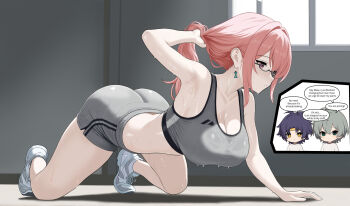 1girl 2boys ahoge armpits asaba_harumasa ass bare_arms bare_shoulders black-framed_eyewear blush breasts commentary earrings english_text glasses green_eyes grey_hair grey_shorts grey_sports_bra hair_intakes hairband highres holding holding_own_hair hourglass_earrings jewelry large_breasts legs long_hair midriff mikhdrag multiple_boys parted_lips pink_eyes pink_hair purple_hair semi-rimless_eyewear shirt shoes shorts side_slit side_slit_shorts sneakers solo_focus sports_bra sweat thighs tiptoes tsukishiro_yanagi under-rim_eyewear white_shirt white_shoes window wise_(zenless_zone_zero) yellow_eyes yellow_hairband zenless_zone_zero