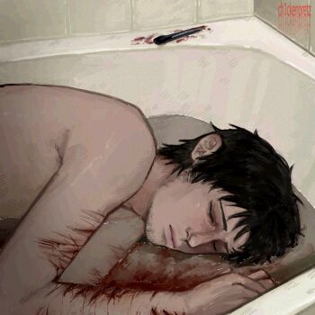 1boy bathtub black_hair blood blood_on_arm boxcutter ch1ckenpretz closed_eyes cry_of_fear curled_up facial_hair frown goatee_stubble highres indoors male_focus partially_submerged self-harm short_hair simon_henriksson solo stubble textless_version topless_male upper_body wrist_cutting