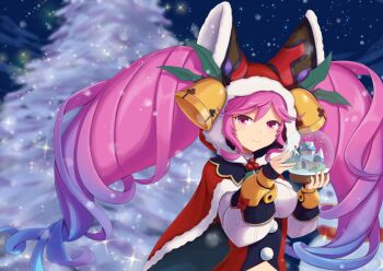 1girl bell blue_hair blurry blurry_background breasts cape christmas christmas_tree cleo_(christmas)_(dragalia_lost) cleo_(dragalia_lost) commentary_request cream_cod dark dragalia_lost fur_trim gradient_hair hat_bell holding holding_snow_globe hood large_breasts light_particles long_hair looking_at_viewer multicolored_hair night night_sky pink_eyes pink_hair puffy_sleeves santa_costume sky smile snow snow_globe snowflakes solo tree twintails upper_body very_long_hair